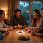 Groupe d'amis riant autour d'une table de jeu moderne