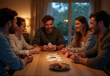 Groupe d'amis riant autour d'une table de jeu moderne