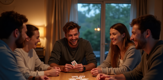 Groupe d'amis riant autour d'une table de jeu moderne
