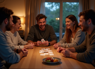 Groupe d'amis riant autour d'une table de jeu moderne
