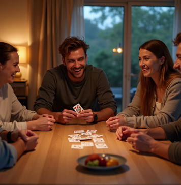 Groupe d'amis riant autour d'une table de jeu moderne