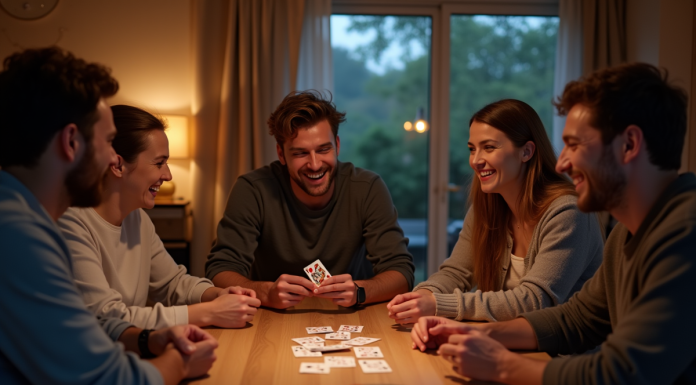Groupe d'amis riant autour d'une table de jeu moderne