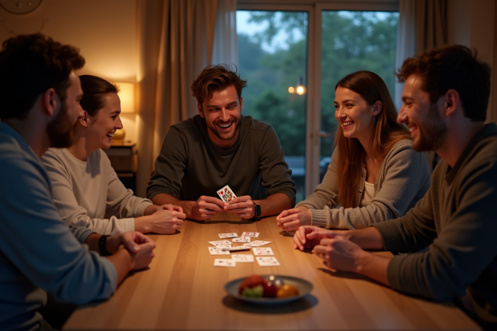Groupe d'amis riant autour d'une table de jeu moderne