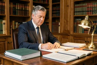 Homme en costume sombre examinant des documents officiels dans un bureau élégant, illustration d'une révélation documentaire en 2026