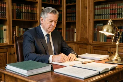 Homme en costume sombre examinant des documents officiels dans un bureau élégant, illustration d'une révélation documentaire en 2026