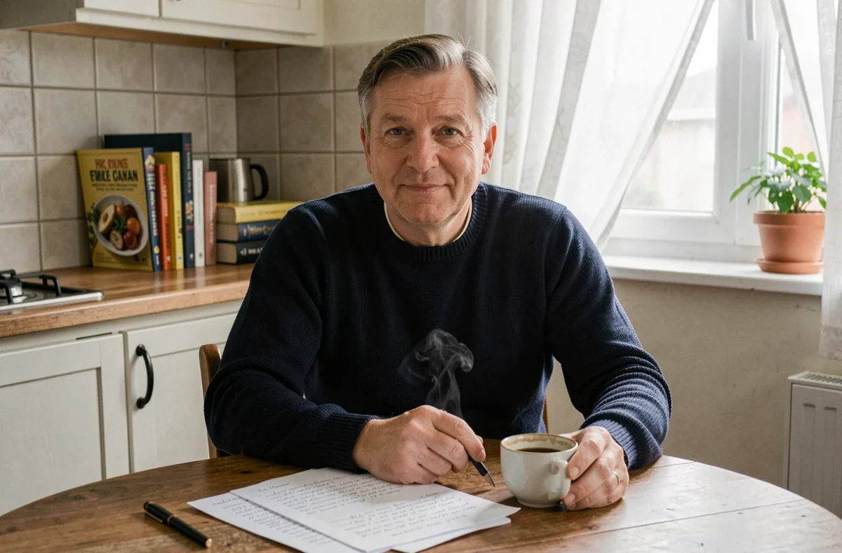 Homme attablé dans une cuisine authentique avec café et notes manuscrites, ambiance d'interview sincère sur la vie privée