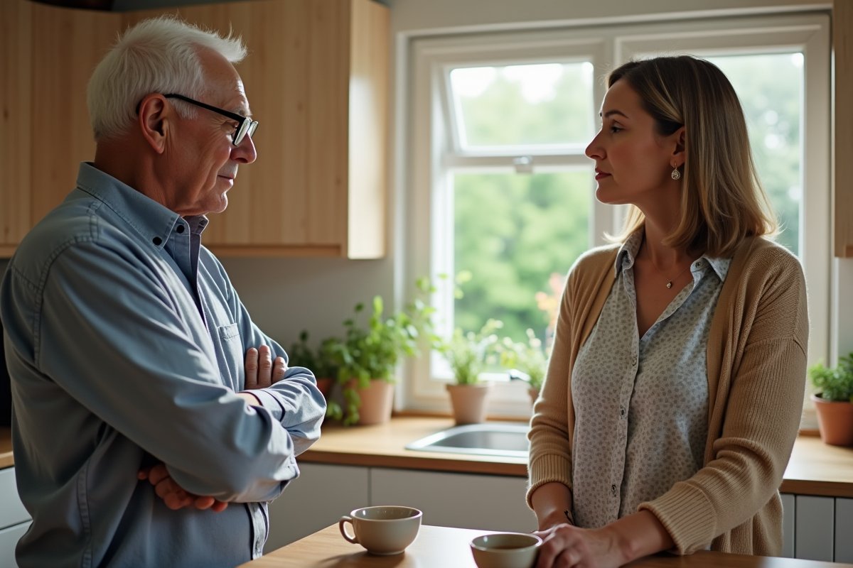 Homme âgé dans une cuisine avec une femme préparant le thé