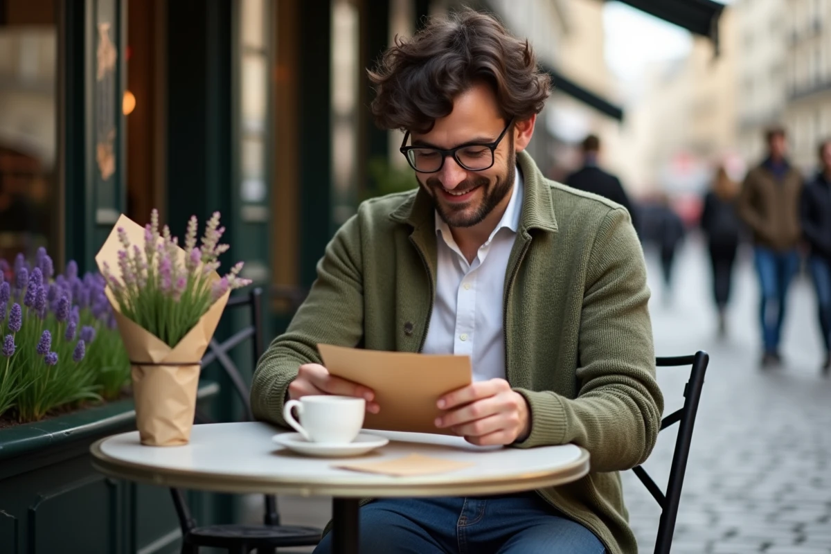 Homme lisant une lettre poétique pour la fête des pères en terrasse de café avec un bouquet de fleurs sauvages