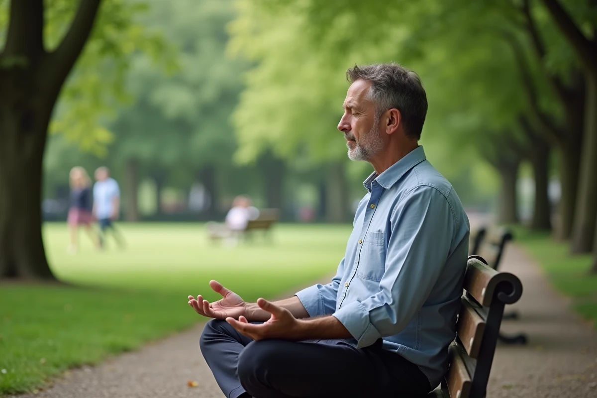 Homme méditant sur un banc dans un parc verdoyant
