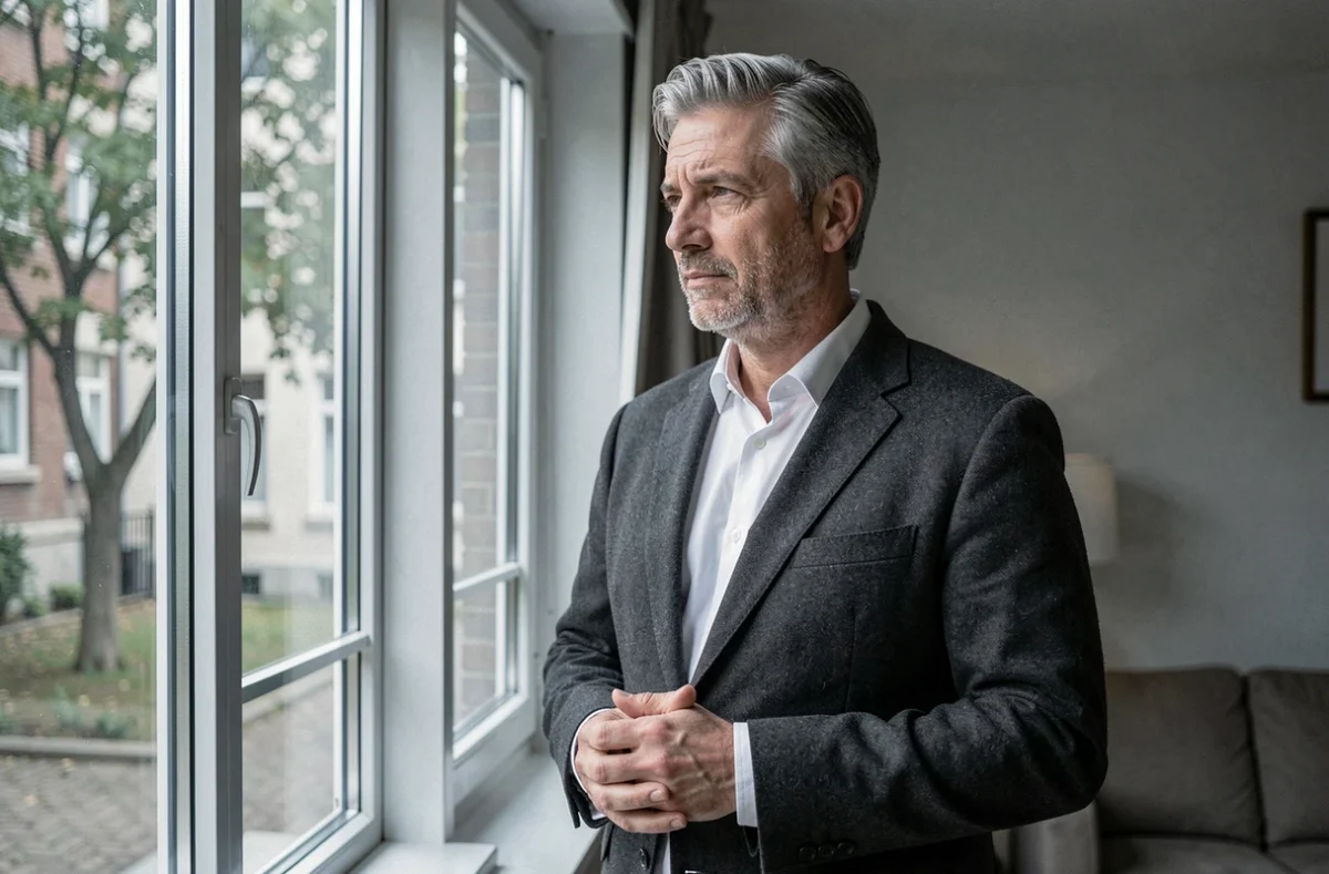 Homme pensif devant une fenêtre dans un salon sobre, regard tourné vers l'extérieur, ambiance introspective et vie privée