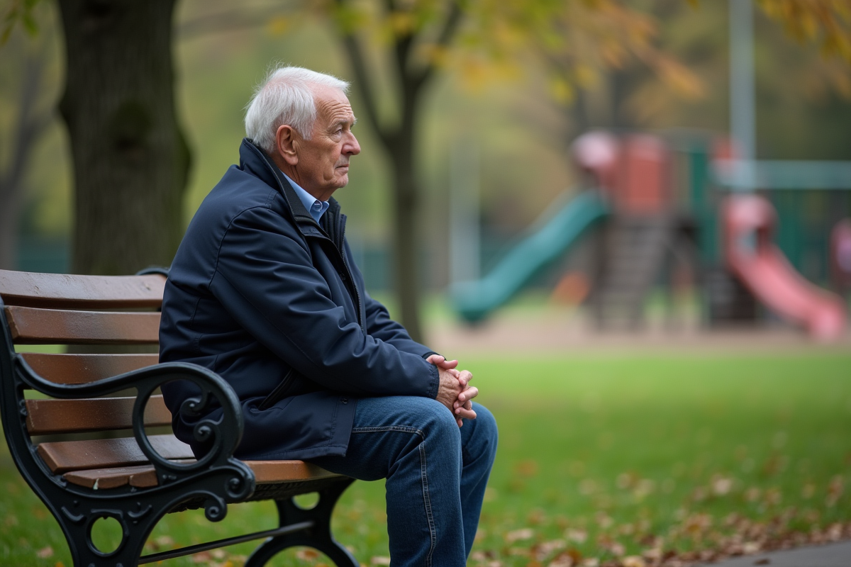 Homme âgé assis sur un banc dans un parc verdoyant