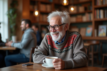 Homme senior souriant dans un café chaleureux
