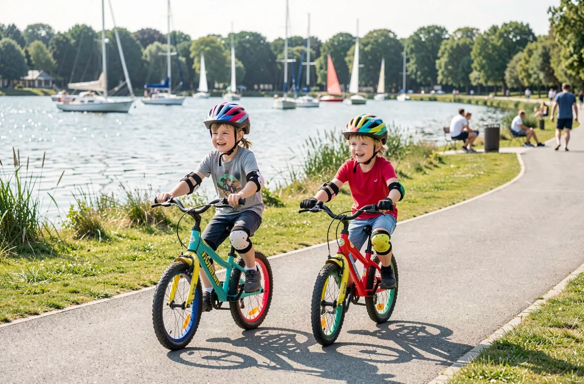 Enfants à vélo au bord du lac à l'Île de Loisirs de Saint-Quentin-en-Yvelines