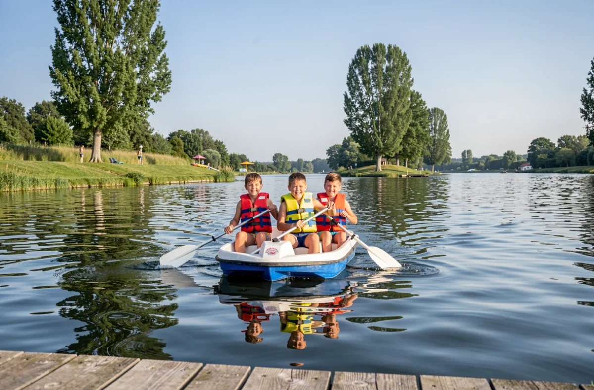 Enfants en pédalo sur la rivière à l'Île de Loisirs du Val de Seine dans les Yvelines