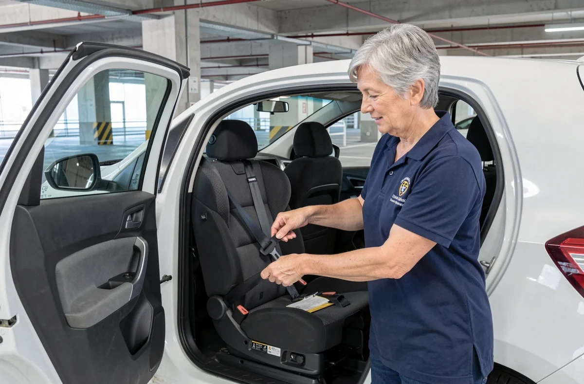 Technicienne en sécurité routière montrant le bon positionnement d'un réhausseur auto dans un véhicule, contexte éducatif et informatif