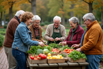 Groupe diversifié récoltant des légumes dans un jardin communautaire