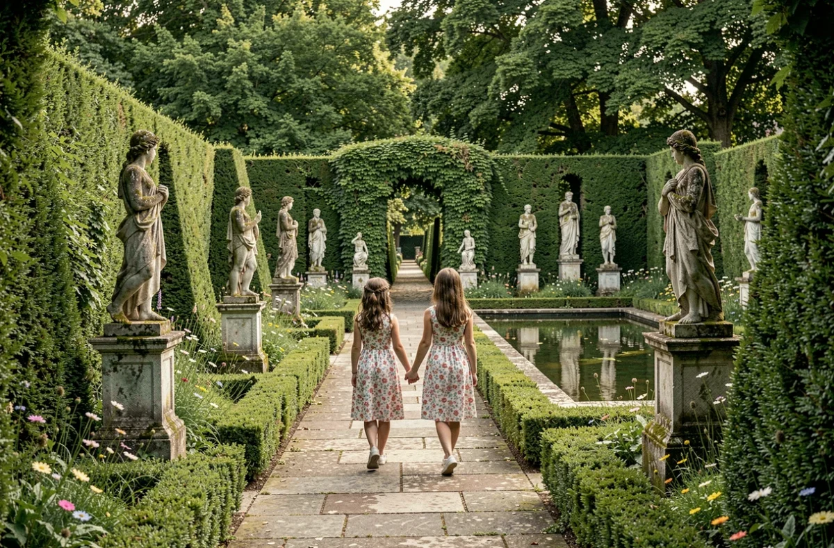 Deux fillettes se promenant dans les allées verdoyantes des Jardins de Brocéliande