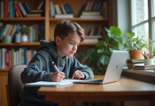 Faire ses devoirs : quel site est le meilleur pour réussir efficacement ? Jeune adolescent en hoodie travaillant sur son ordinateur à la maison