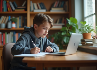 Faire ses devoirs : quel site est le meilleur pour réussir efficacement ? Jeune adolescent en hoodie travaillant sur son ordinateur à la maison