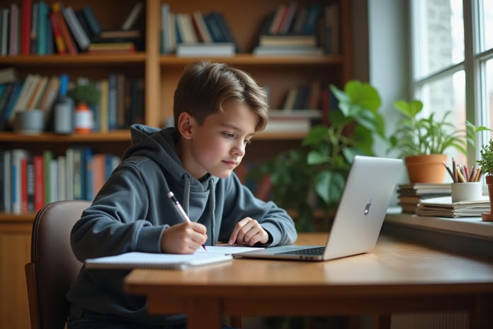 jeune-adolescent-etude-laptop Jeune adolescent en hoodie travaillant sur son ordinateur à la maison