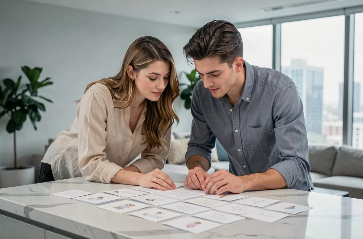 Jeune couple choisissant ensemble une carte de baptême parmi plusieurs modèles posés sur un comptoir en marbre dans un appartement moderne