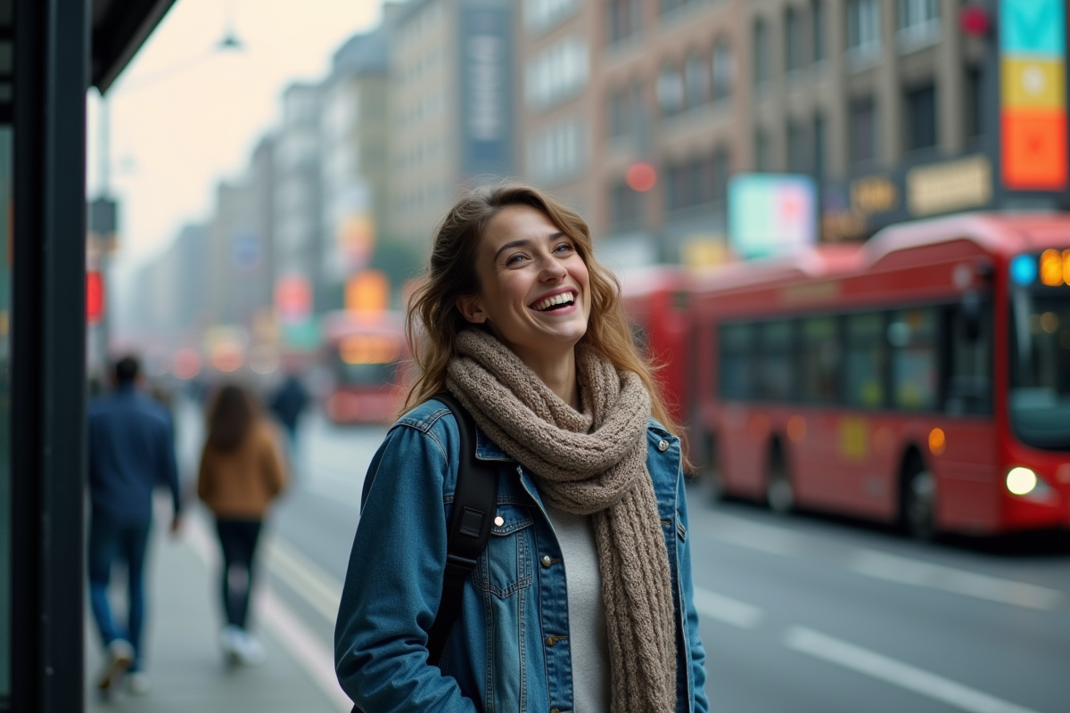 Jeune femme souriante à un arrêt de bus urbain