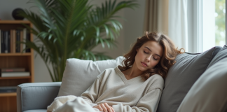 Sieste : pourquoi éviter une sieste trop longue ? Bienfaits et conseils Jeune femme se réveillant doucement sur un canapé moderne
