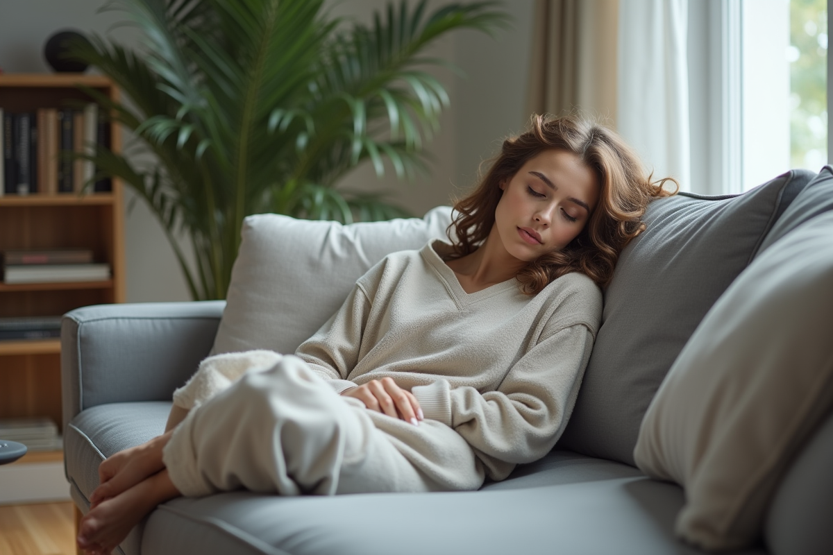 Jeune femme se réveillant doucement sur un canapé moderne