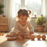 Fille souriante jouant avec jouets en bois Montessori dans une salle lumineuse