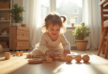 Fille souriante jouant avec jouets en bois Montessori dans une salle lumineuse