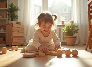 Fille souriante jouant avec jouets en bois Montessori dans une salle lumineuse