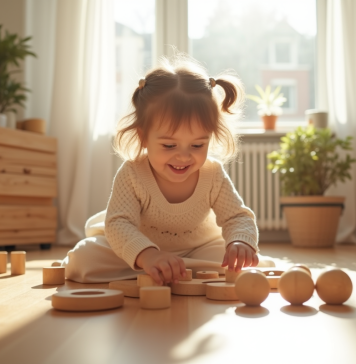 Fille souriante jouant avec jouets en bois Montessori dans une salle lumineuse