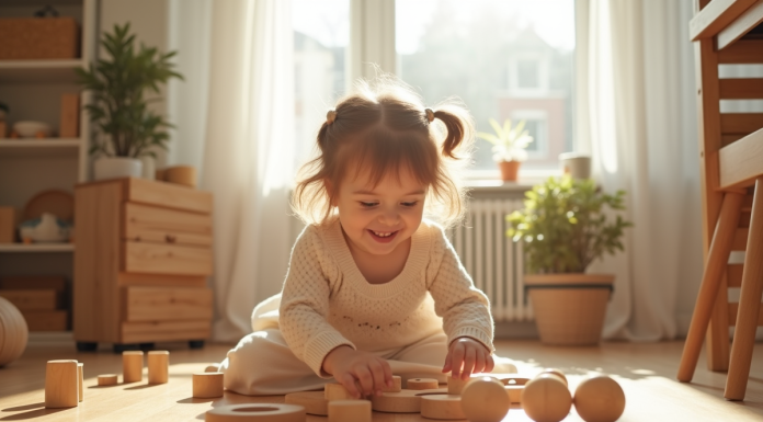 Fille souriante jouant avec jouets en bois Montessori dans une salle lumineuse