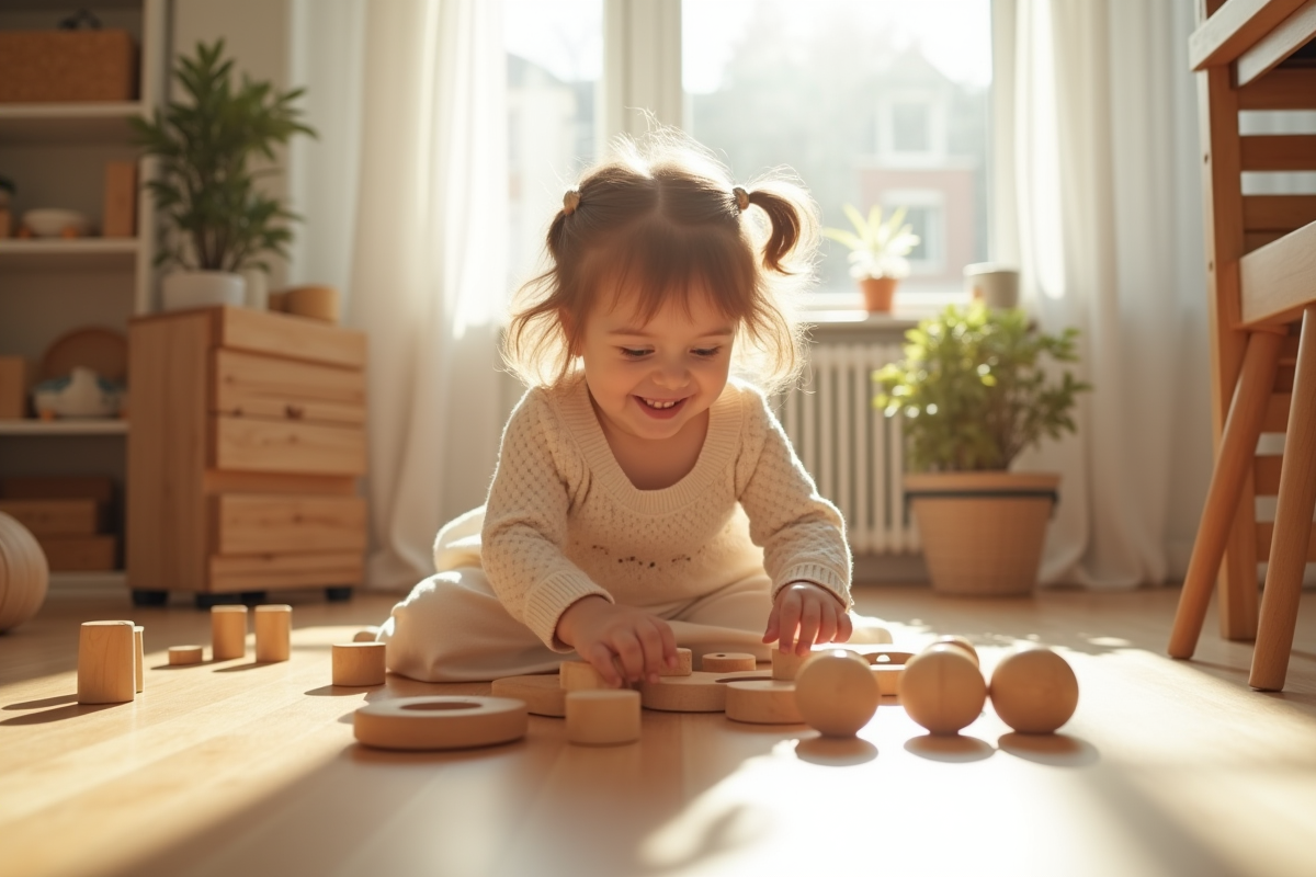 Fille souriante jouant avec jouets en bois Montessori dans une salle lumineuse