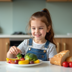 Régime pour enfants : astuces faciles pour une alimentation équilibrée Jeune fille souriante arrangeant des légumes dans une cuisine moderne