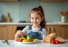 Régime pour enfants : astuces faciles pour une alimentation équilibrée Jeune fille souriante arrangeant des légumes dans une cuisine moderne