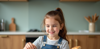 Jeune fille souriante arrangeant des légumes dans une cuisine moderne