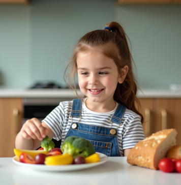 Régime pour enfants : astuces faciles pour une alimentation équilibrée Jeune fille souriante arrangeant des légumes dans une cuisine moderne
