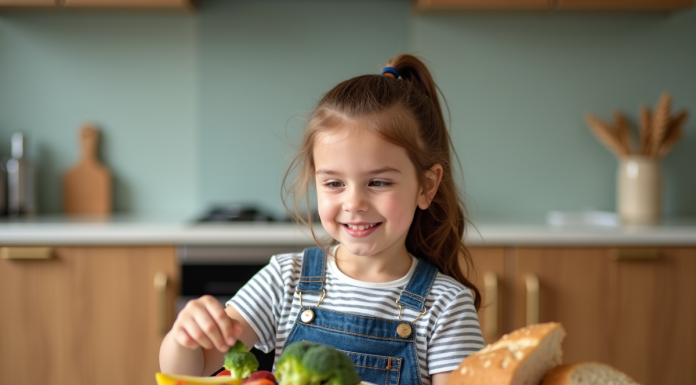 Régime pour enfants : astuces faciles pour une alimentation équilibrée Jeune fille souriante arrangeant des légumes dans une cuisine moderne