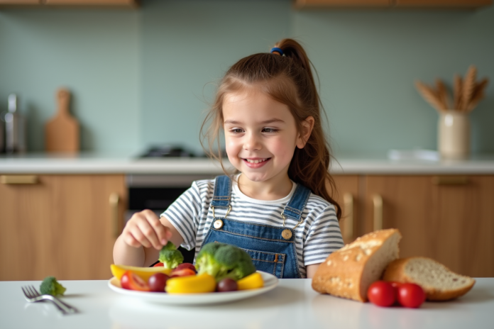 jeune-fille-moderne-cuisine Jeune fille souriante arrangeant des légumes dans une cuisine moderne