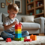 Jeune garçon construit une tour colorée avec des briques en plastique