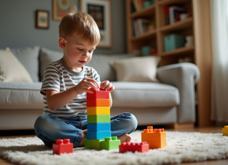 Occuper son enfant ? 15 activités ludiques et créatives à explorer Jeune garçon construit une tour colorée avec des briques en plastique