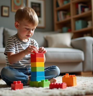 Occuper son enfant ? 15 activités ludiques et créatives à explorer Jeune garçon construit une tour colorée avec des briques en plastique
