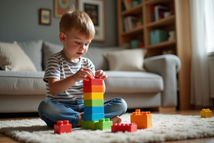 jeune-garcon-jeux-constructeur Jeune garçon construit une tour colorée avec des briques en plastique