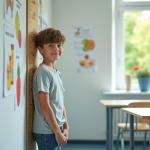 Taille à 15 ans : quelles évolutions et critères influencent la croissance ? Jeune garçon de 15 ans devant un graphique de croissance à l'école