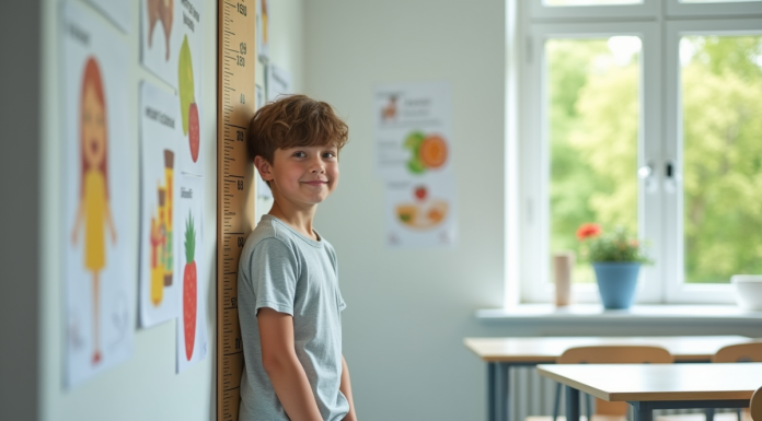 Jeune garçon de 15 ans devant un graphique de croissance à l'école