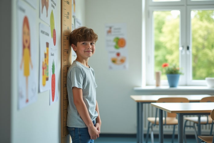 jeune-garcon-sante-ecole Jeune garçon de 15 ans devant un graphique de croissance à l'école