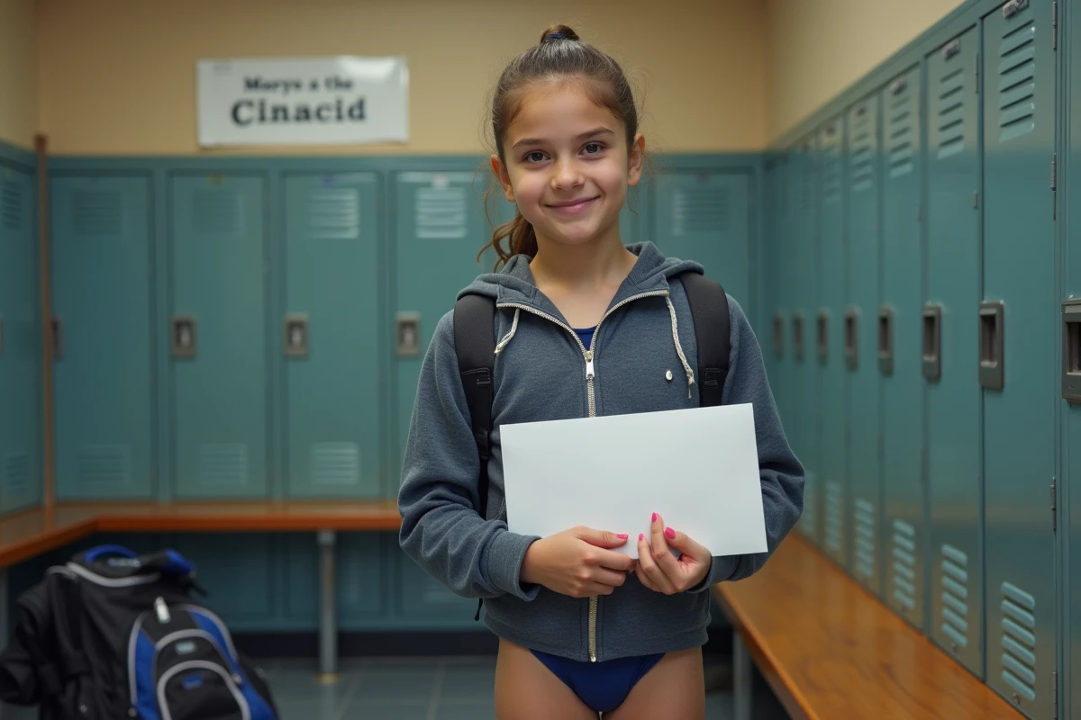 Jeune gymnastes tenant une lettre d'absence scolaire pour compétition sportive dans un vestiaire de salle de sport