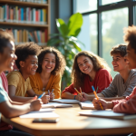 Groupe d adolescents riant dans une bibliothèque moderne
