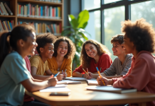 Groupe d adolescents riant dans une bibliothèque moderne